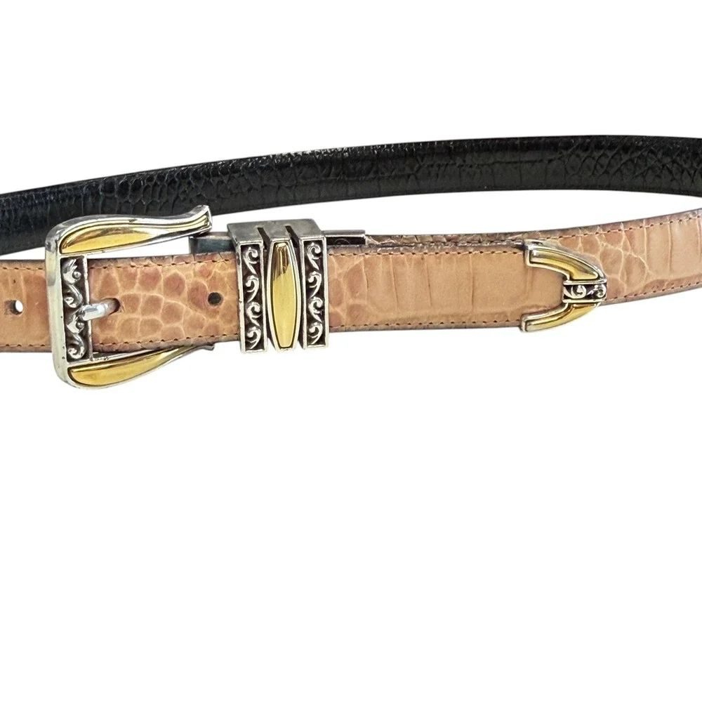 Brighton Womens Reversible Black Tan Belt Embossed Leather Silver Gold Buckle XL